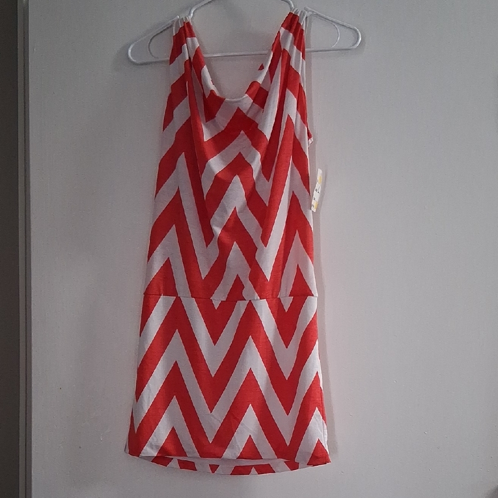Red and White Asymmetrical Tank Top with Chevron Pattern